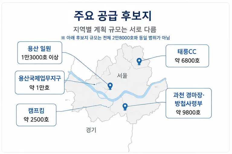 용산과 과천, 태릉CC의 공공주택 공급 후보지와 계획 규모