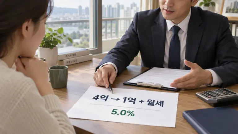 전세 보증금을 낮추고 월세로 전환하는 금액을 상담하는 장면