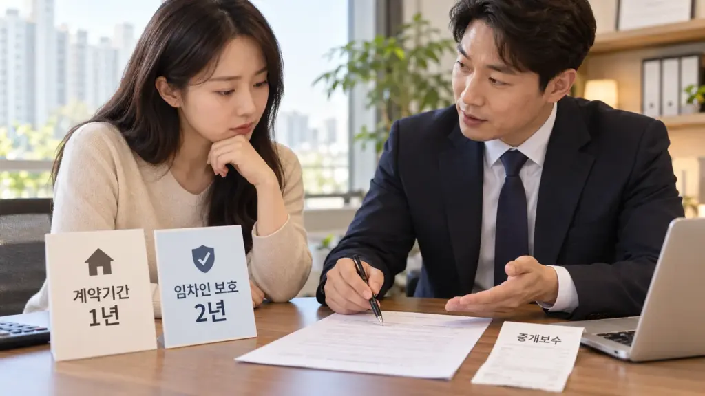 1년 전월세 계약서와 2년 임차인 보호기간, 중개보수를 함께 확인하는 장면