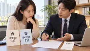 1년 전월세 계약서와 2년 임차인 보호기간, 중개보수를 함께 확인하는 장면