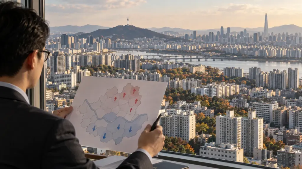 서울 아파트 단지와 지역별 상승·하락 방향을 살펴보는 부동산 분석 장면