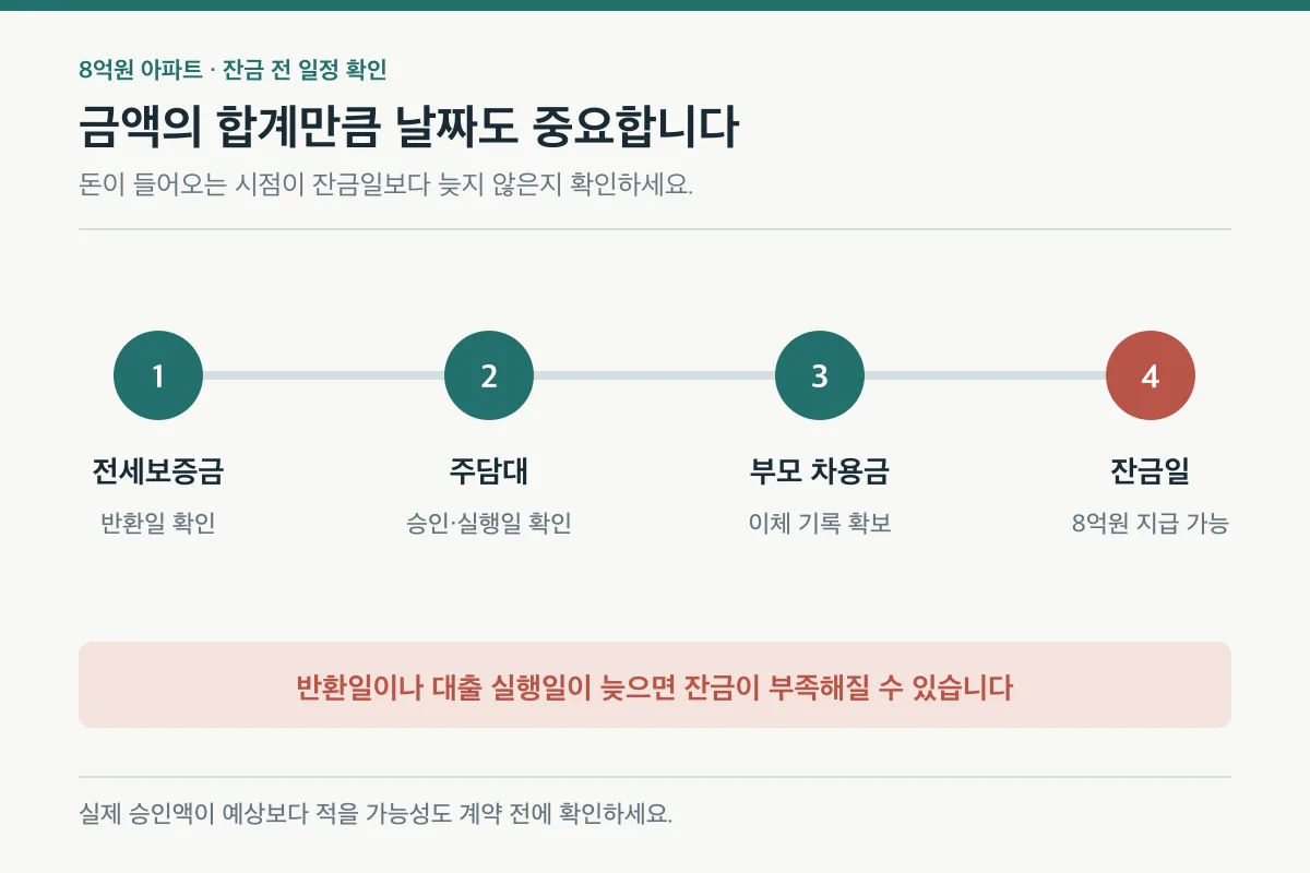 8억원 아파트 잔금일 전에 전세보증금 반환·주담대 실행·부모 차용금 입금을 맞추는 일정표