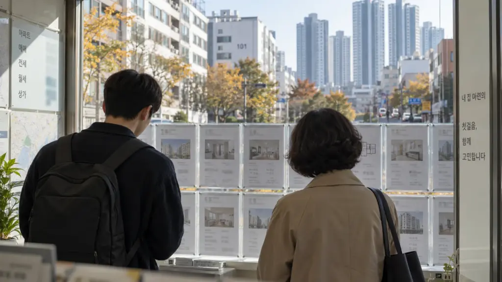 첫 집을 고르기 위해 서울 아파트 매물을 함께 살펴보는 젊은 부부
