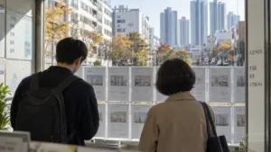 첫 집을 고르기 위해 서울 아파트 매물을 함께 살펴보는 젊은 부부