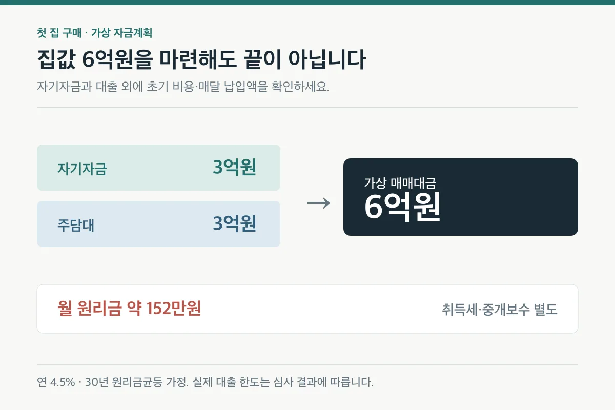 자기자금 3억원과 주담대 3억원을 합친 6억원 주택구매 예산 예시